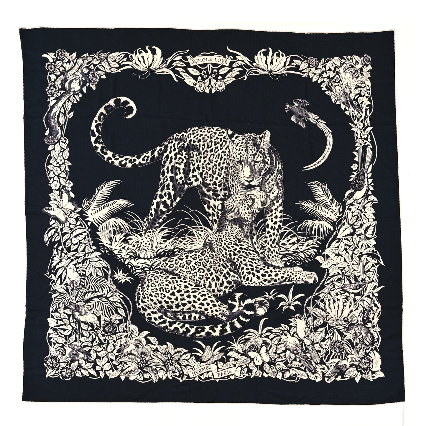 Cashmere Silk Jungle Love Tattoo Shawl 140 Bleu Black White
