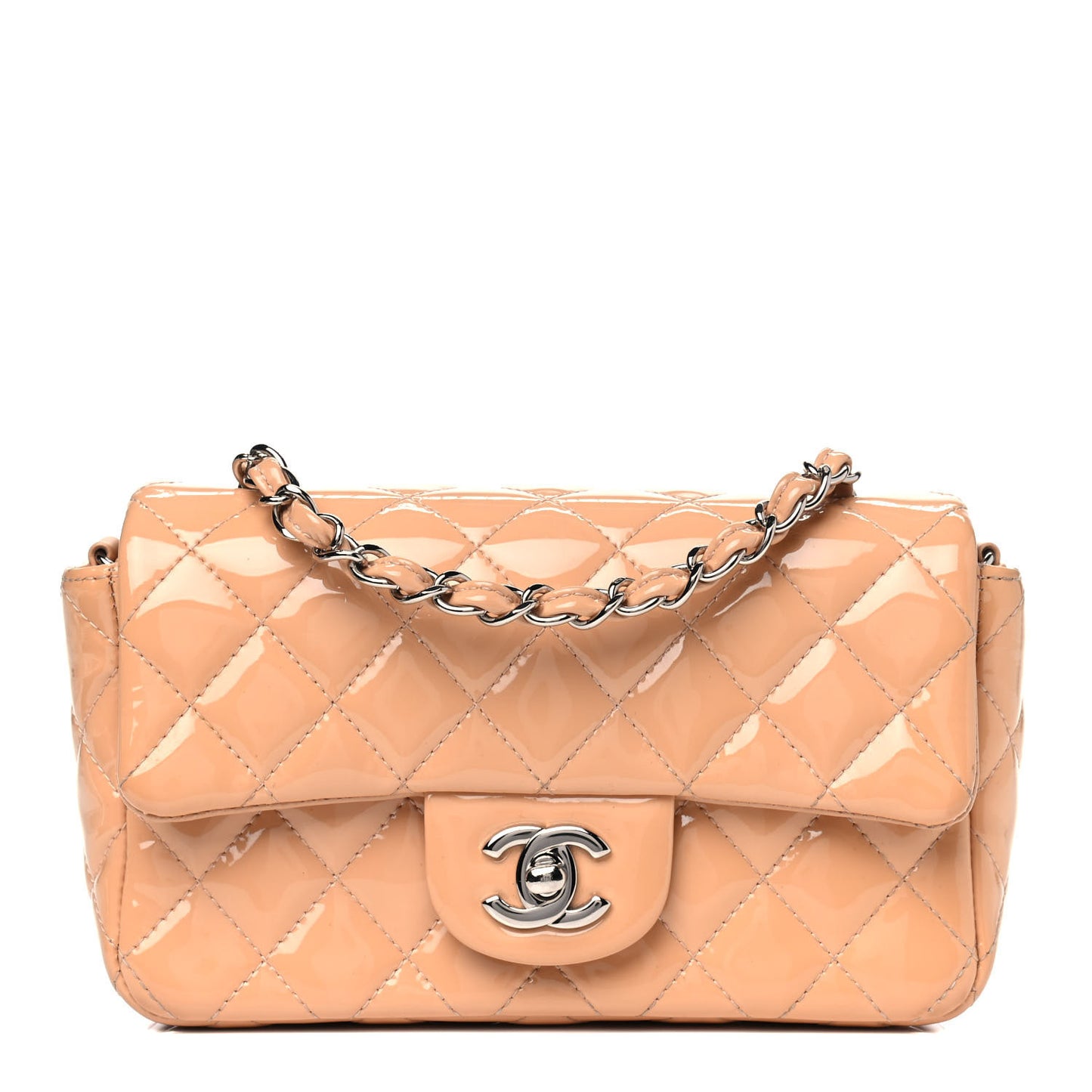 Patent Calfskin Quilted Mini Rectangular Flap Beige