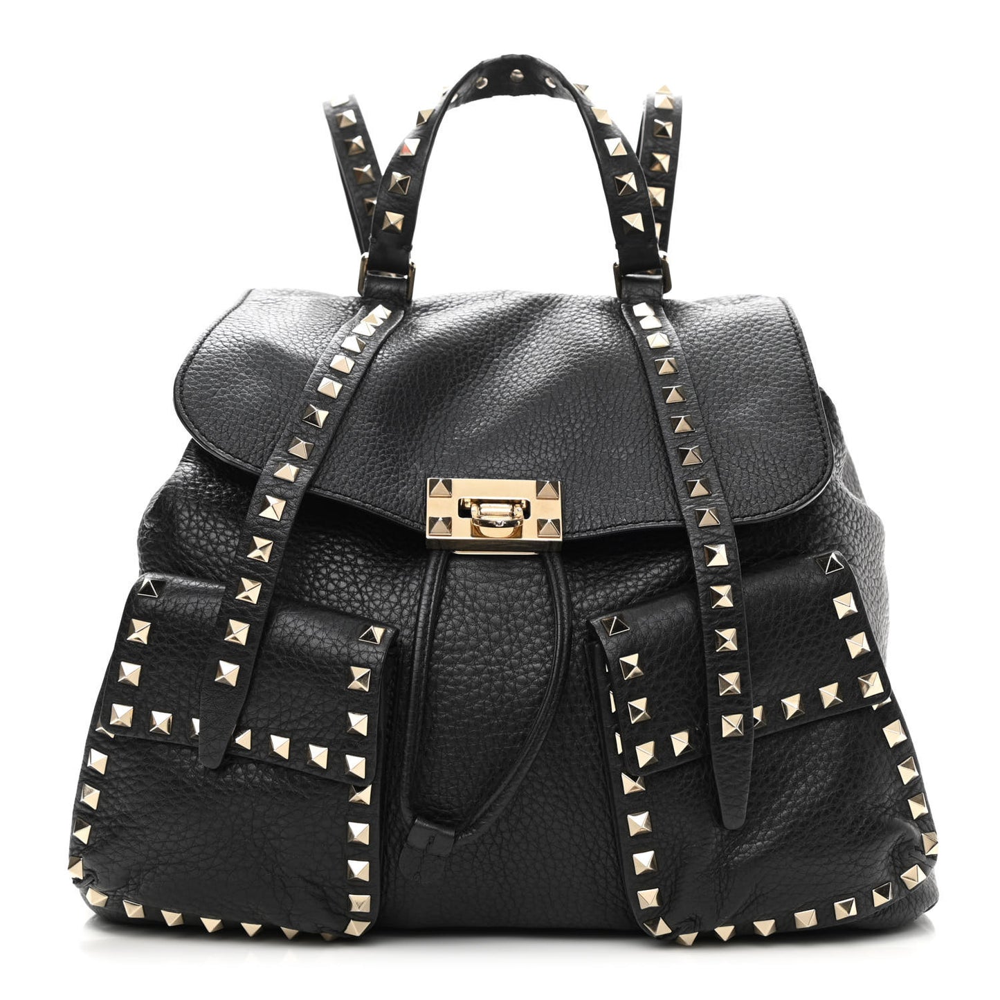 Pebbled Calfskin Rockstud Double Pocket Backpack Black