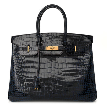 Hermes Shiny Porosus Crocodile Horseshoe Birkin 35 Bleu Nuit Bordeaux 1 of 10