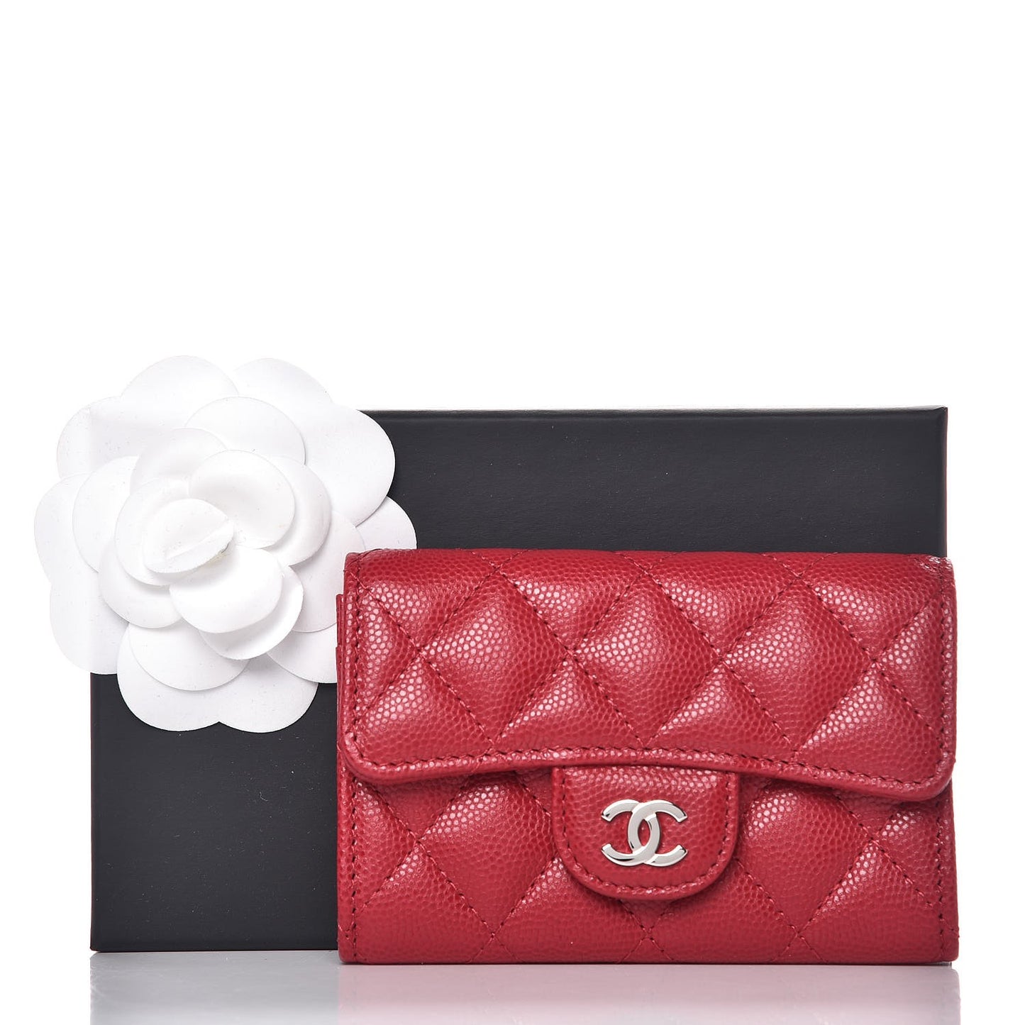 Caviar Quilted Flap Card Holder Dark Red