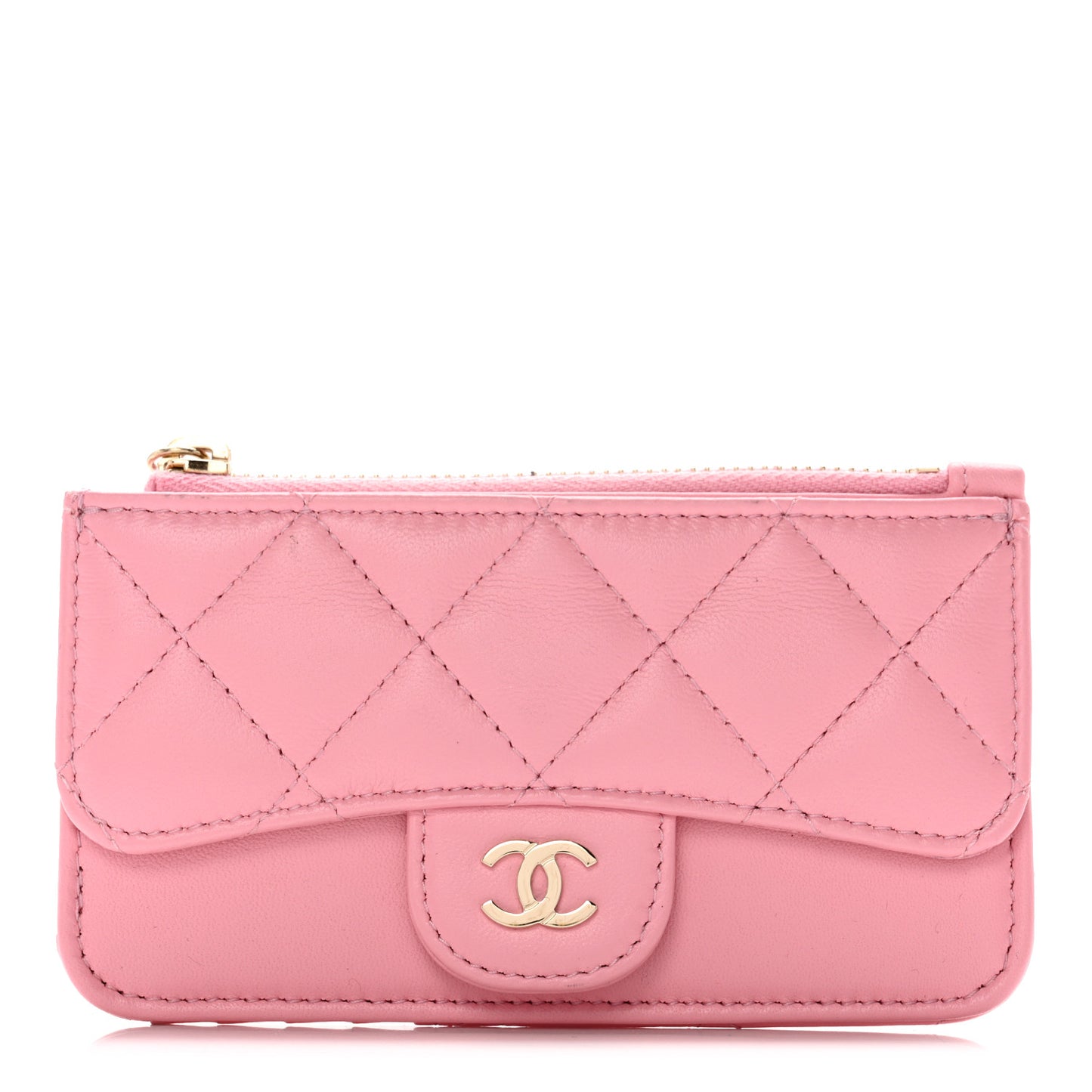 Lambskin Quilted Flap Zip Card Holder Pink