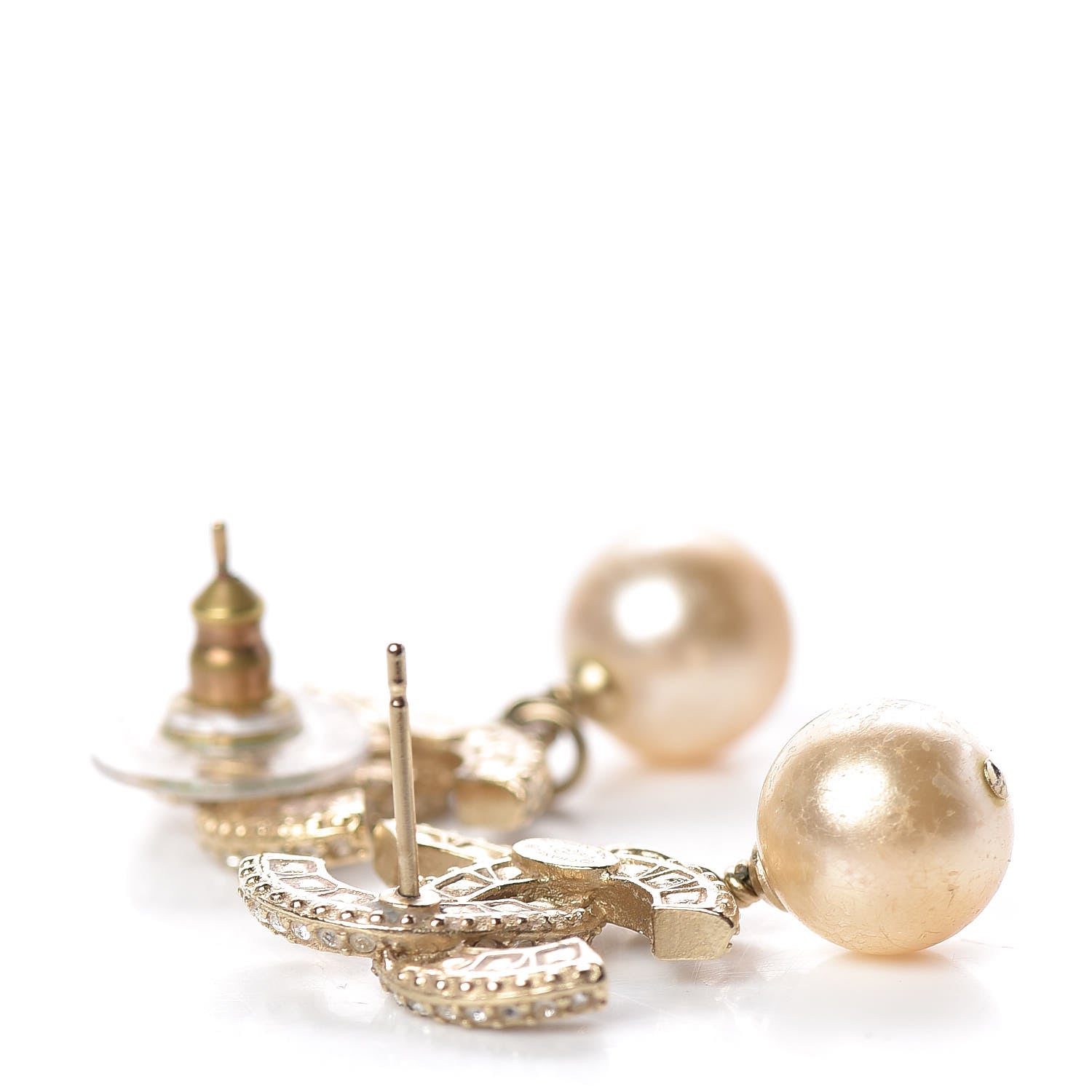 Chanel Crystal Pearl CC Drop Earrings Gold 3 of 5
