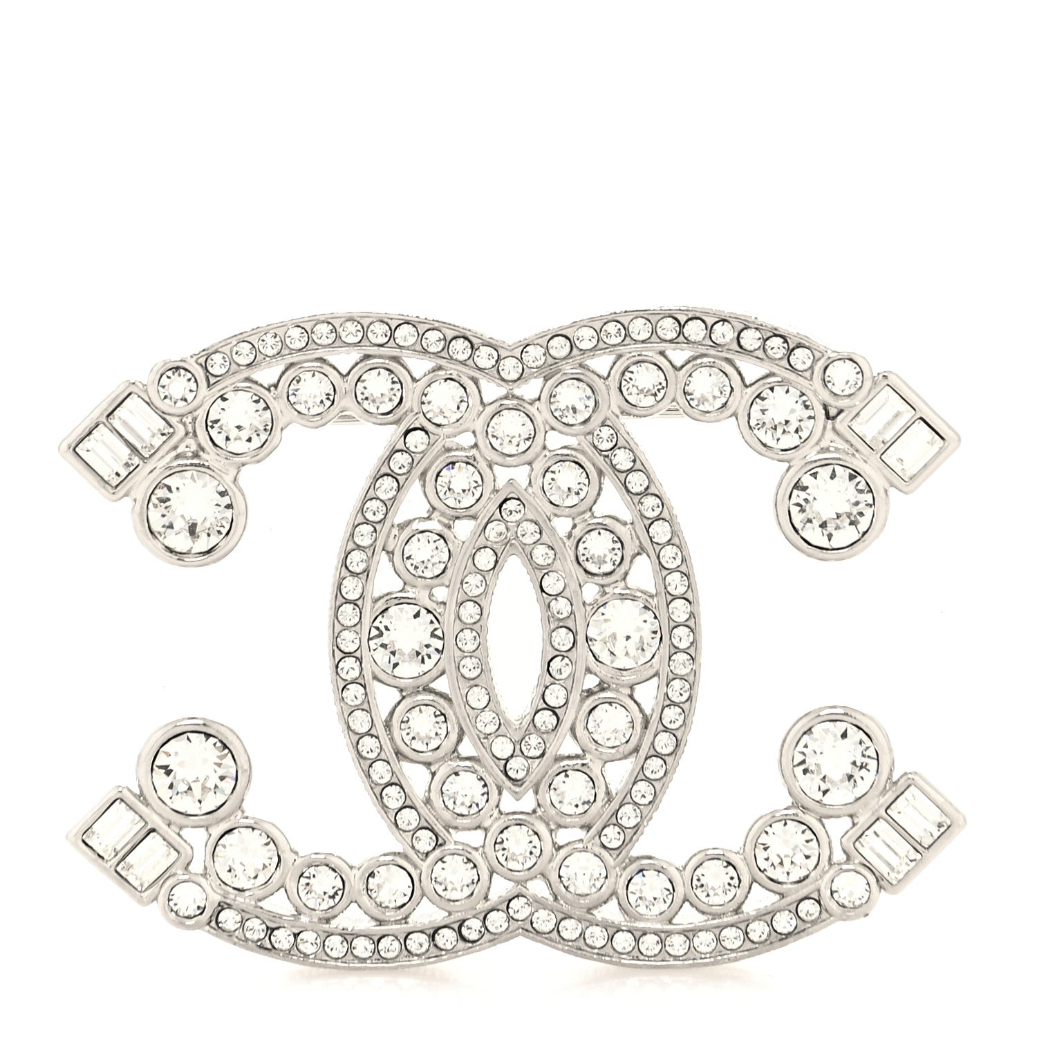 Chanel Metal Crystal CC Brooch Silver 1 of 3