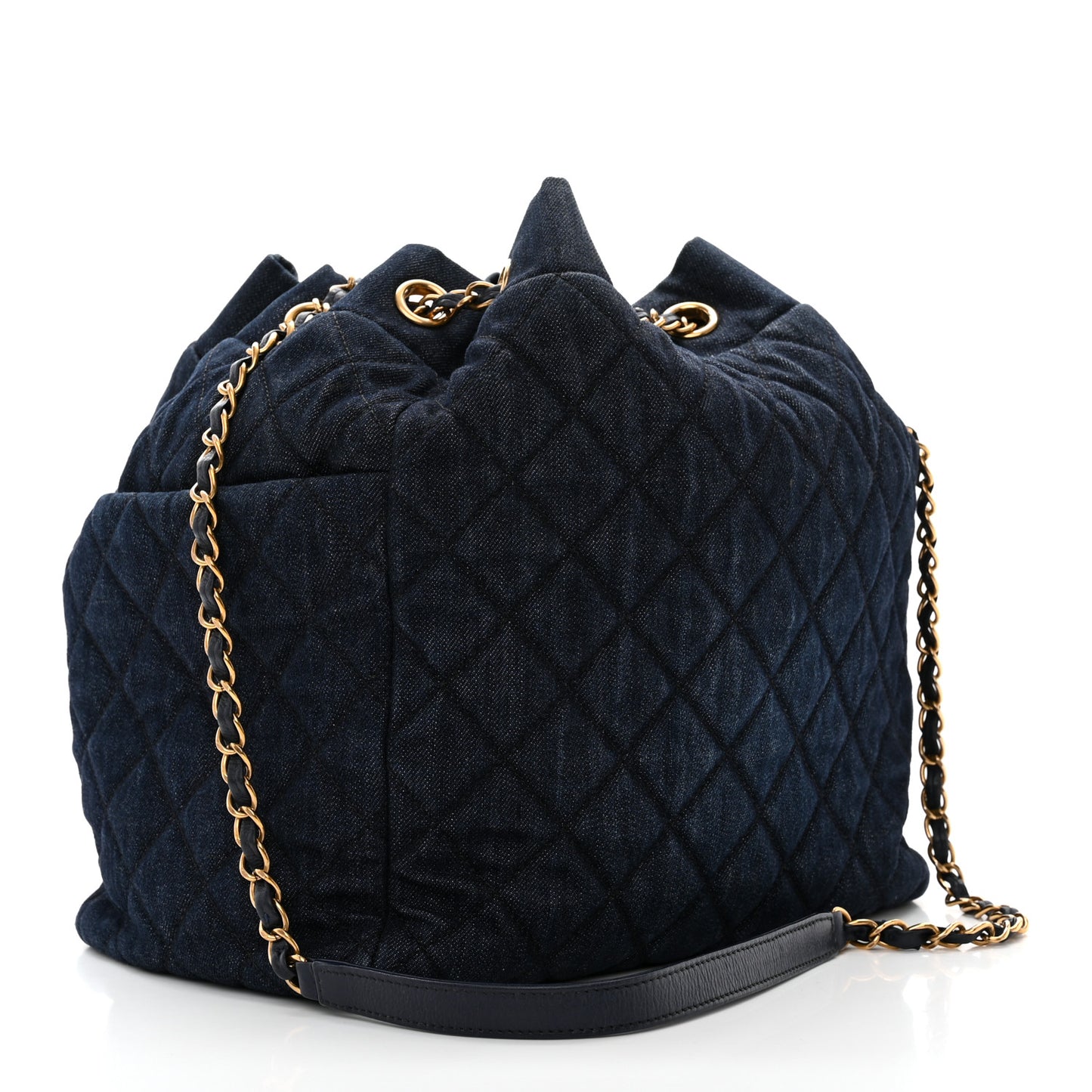 Washed Denim Quilted Small Urban Spirit Drawstring Bag Dark Blue