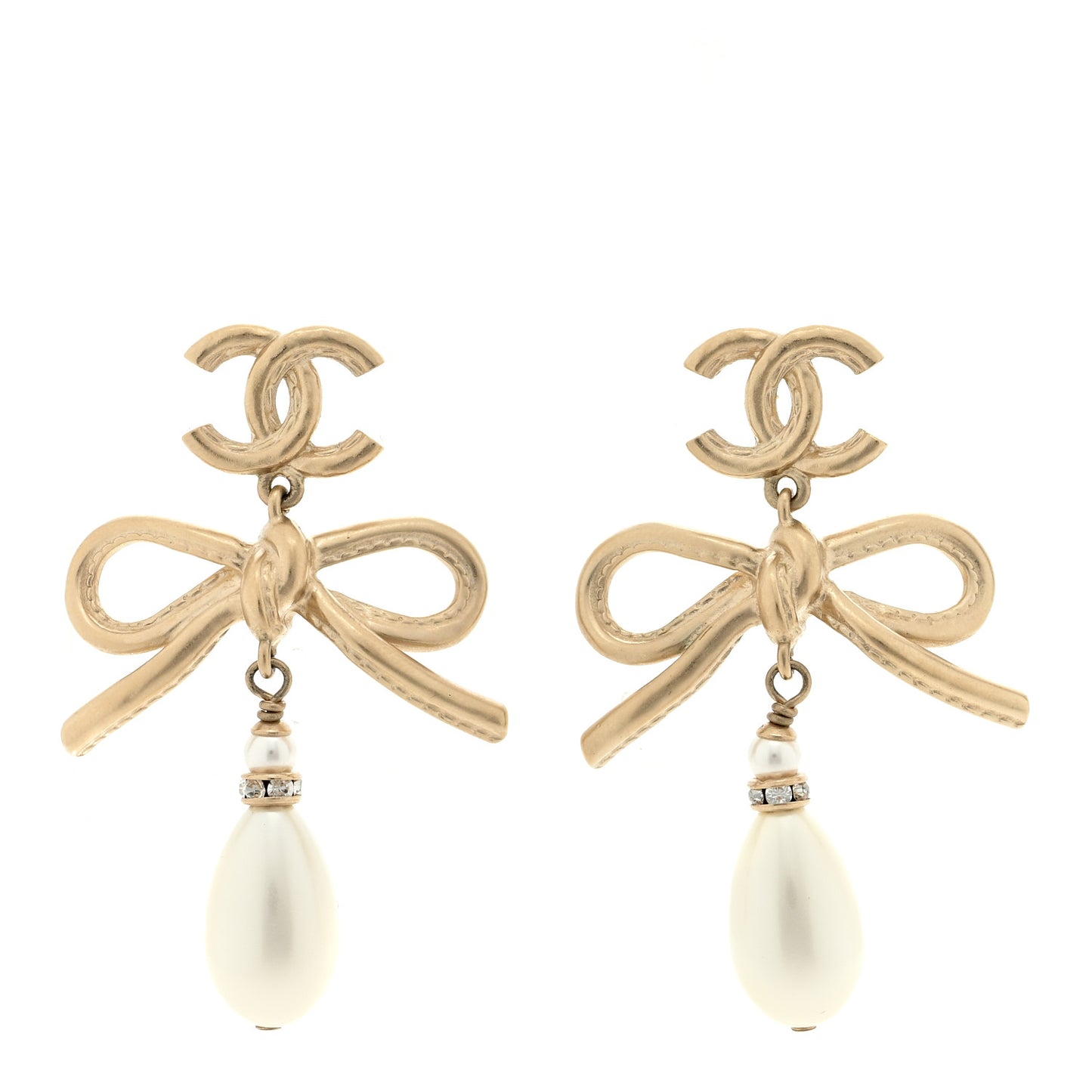 Pearl Crystal CC Bow Drop Earrings Gold Pearly White