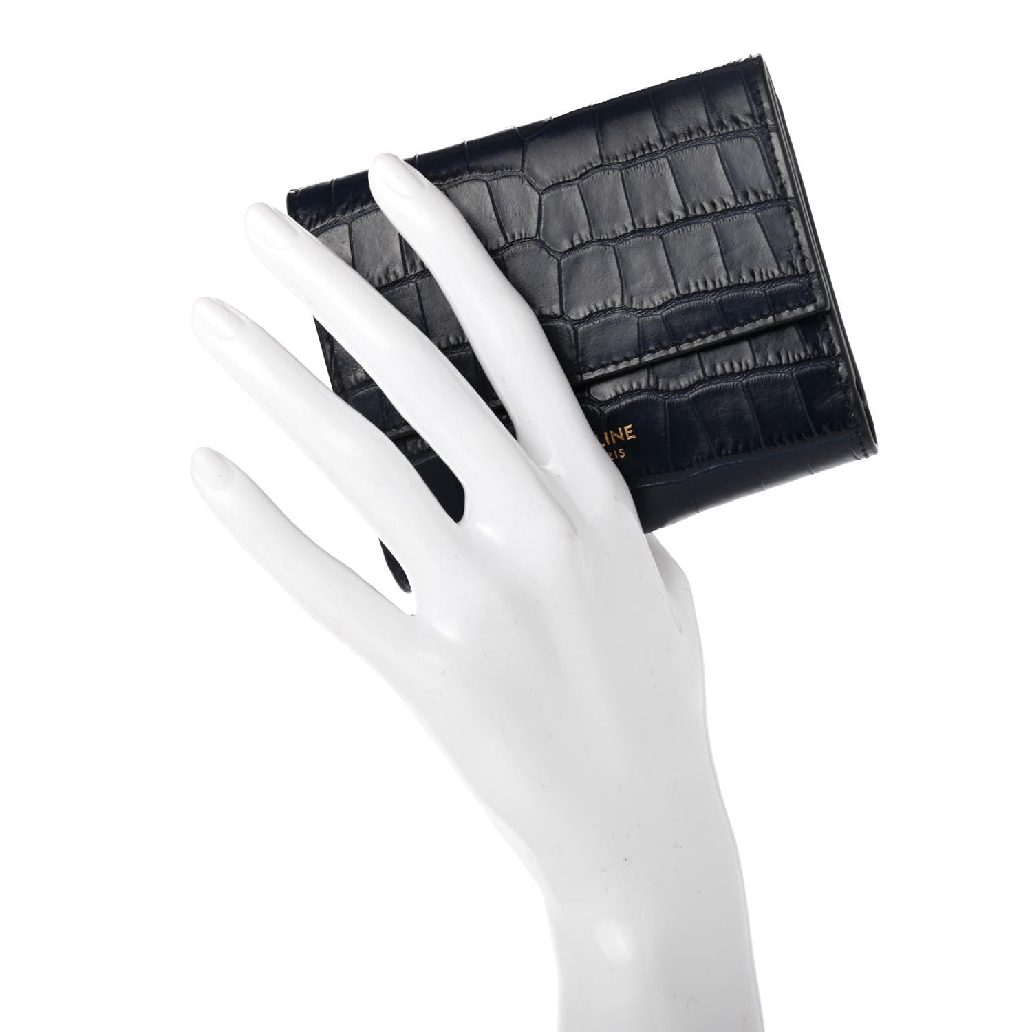 Celine Calfskin Crocodile Embossed Small Tri-Fold Wallet Navy Blue 2 of 9