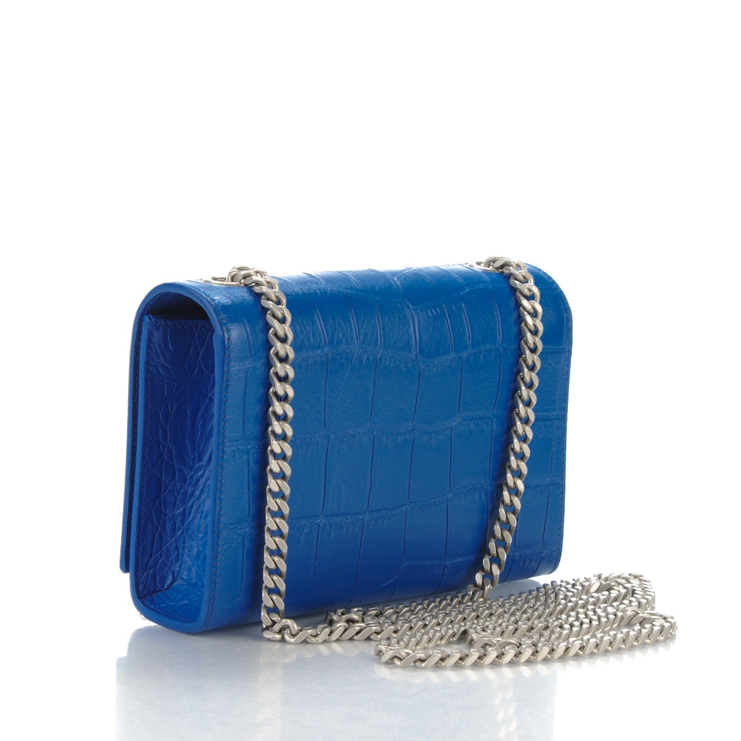 Saint Laurent Calfskin Crocodile Embossed Small Classic Monogram Tassel Satchel Blue 4 of 8