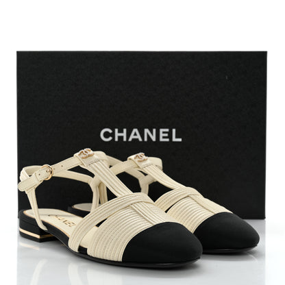 Chanel Lambskin Grosgrain Pearl CC Cap Toe Open Sandals 37 Ivory Black 10 of 10