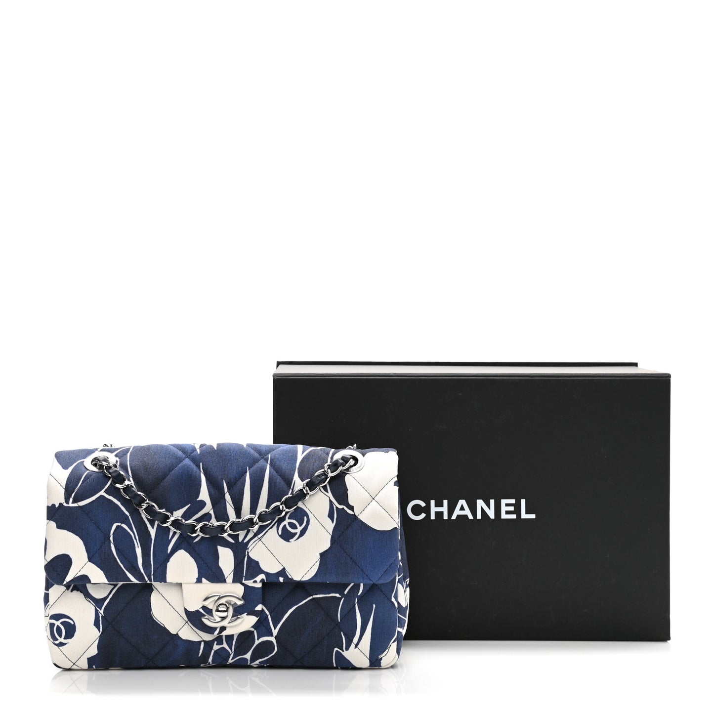 Floral Printed Silk CC Medium Single Flap Navy Blue White