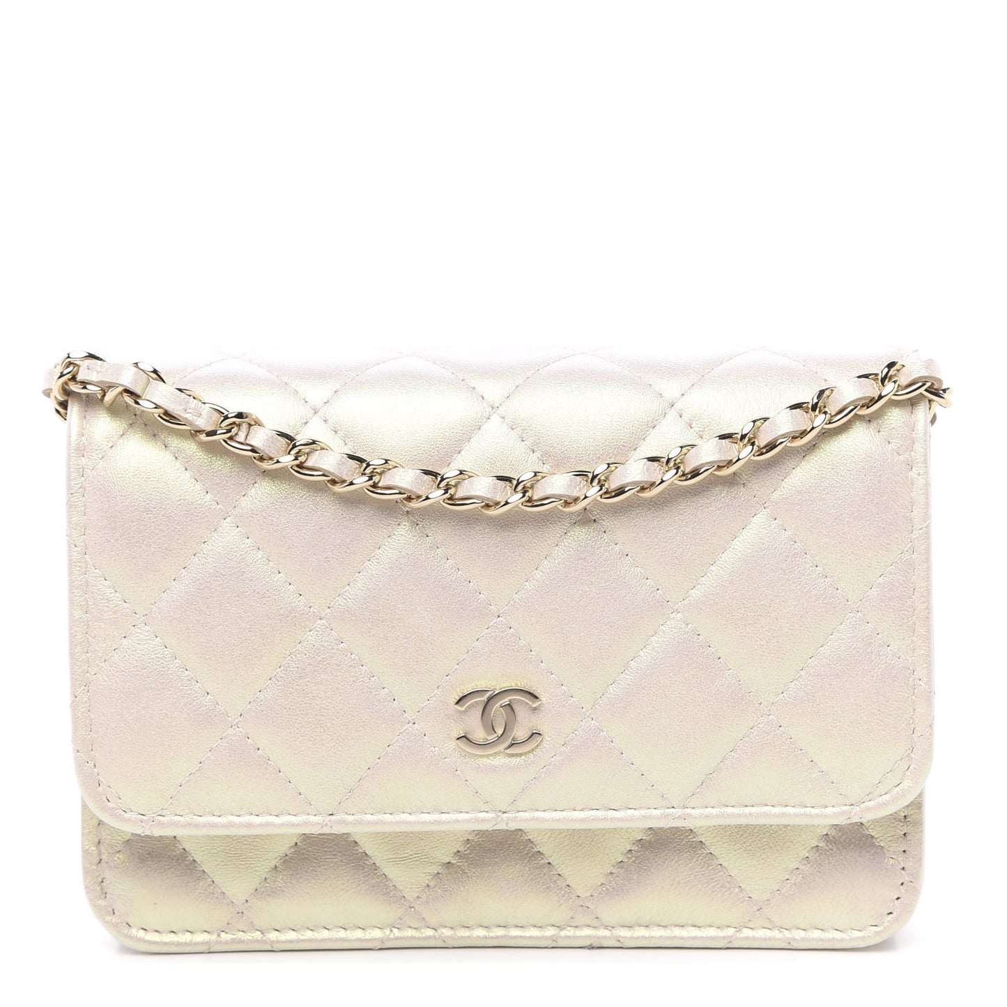 Iridescent Lambskin Quilted Mini Wallet On Chain WOC Ivory