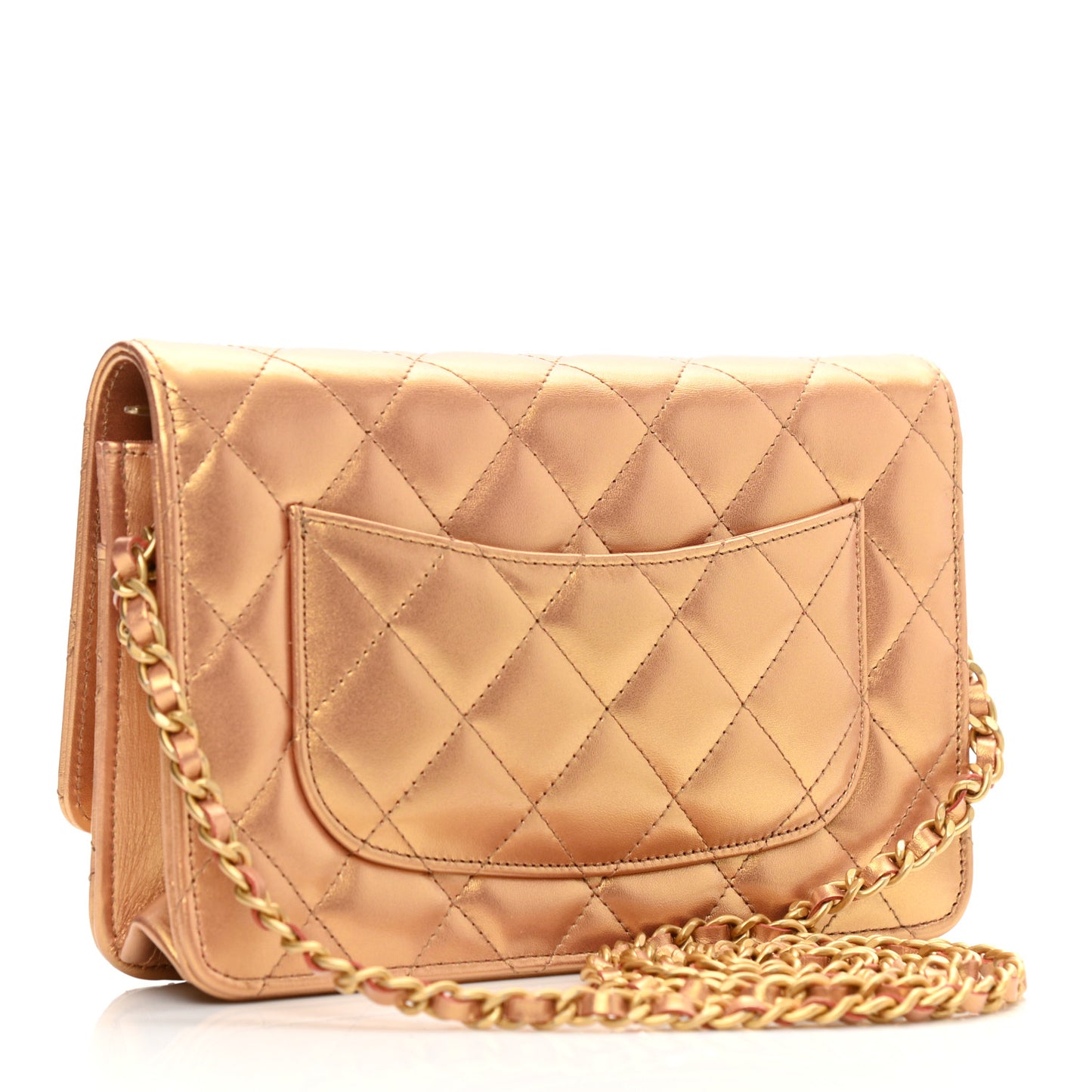 Metallic Lambskin Quilted Wallet On Chain WOC Golden