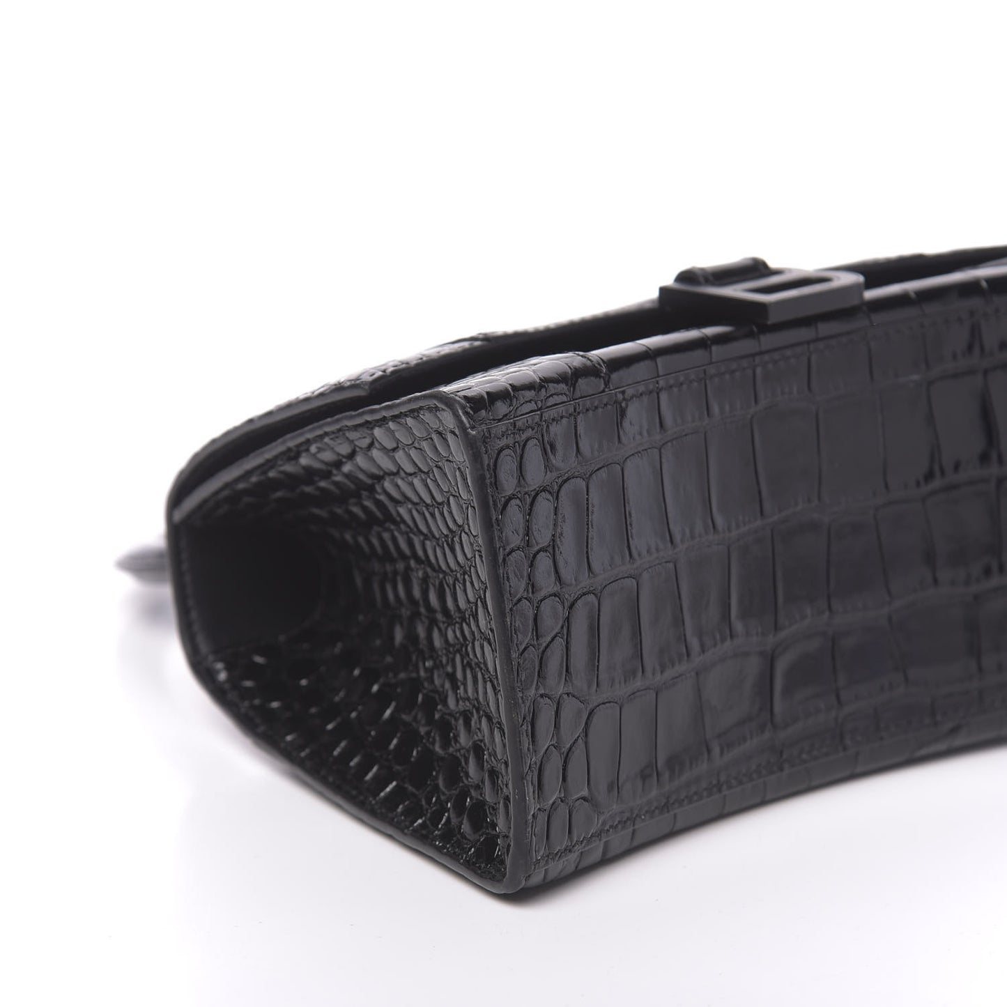 Shiny Calfskin Monochrome Crocodile Embossed Small Hourglass Top Handle Bag Black