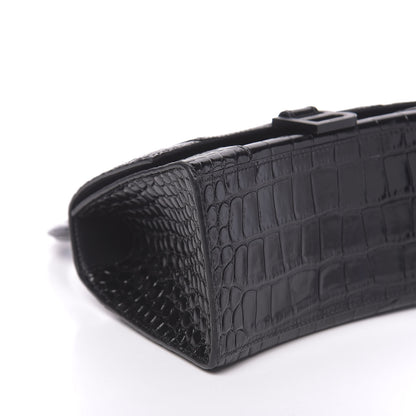 Balenciaga Shiny Calfskin Monochrome Crocodile Embossed Small Hourglass Top Handle Bag Black 7 of 9