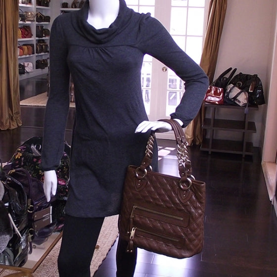 Leather Quilted Zippered Tote Brown