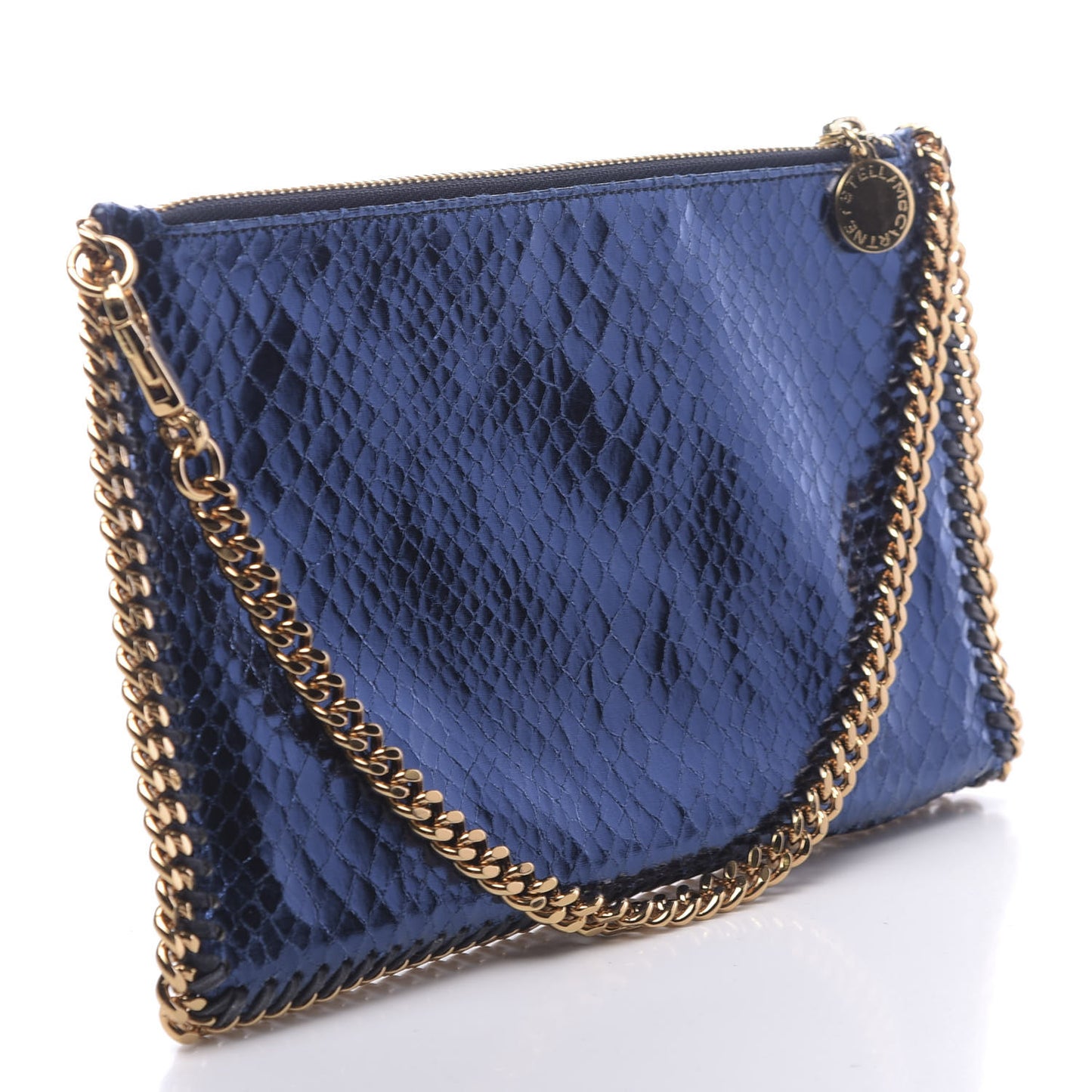 Metallic Faux Snakeskin Falabella Clutch Blue