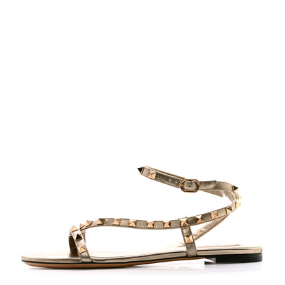 Valentino Garavani Metallic Calfskin Rockstud Ankle Wrap Flat Slide Sandals 39.5 Bronze 1 of 12
