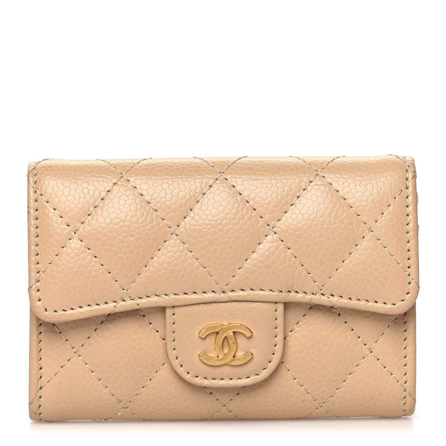 Caviar Quilted Flap Card Holder Wallet Beige
