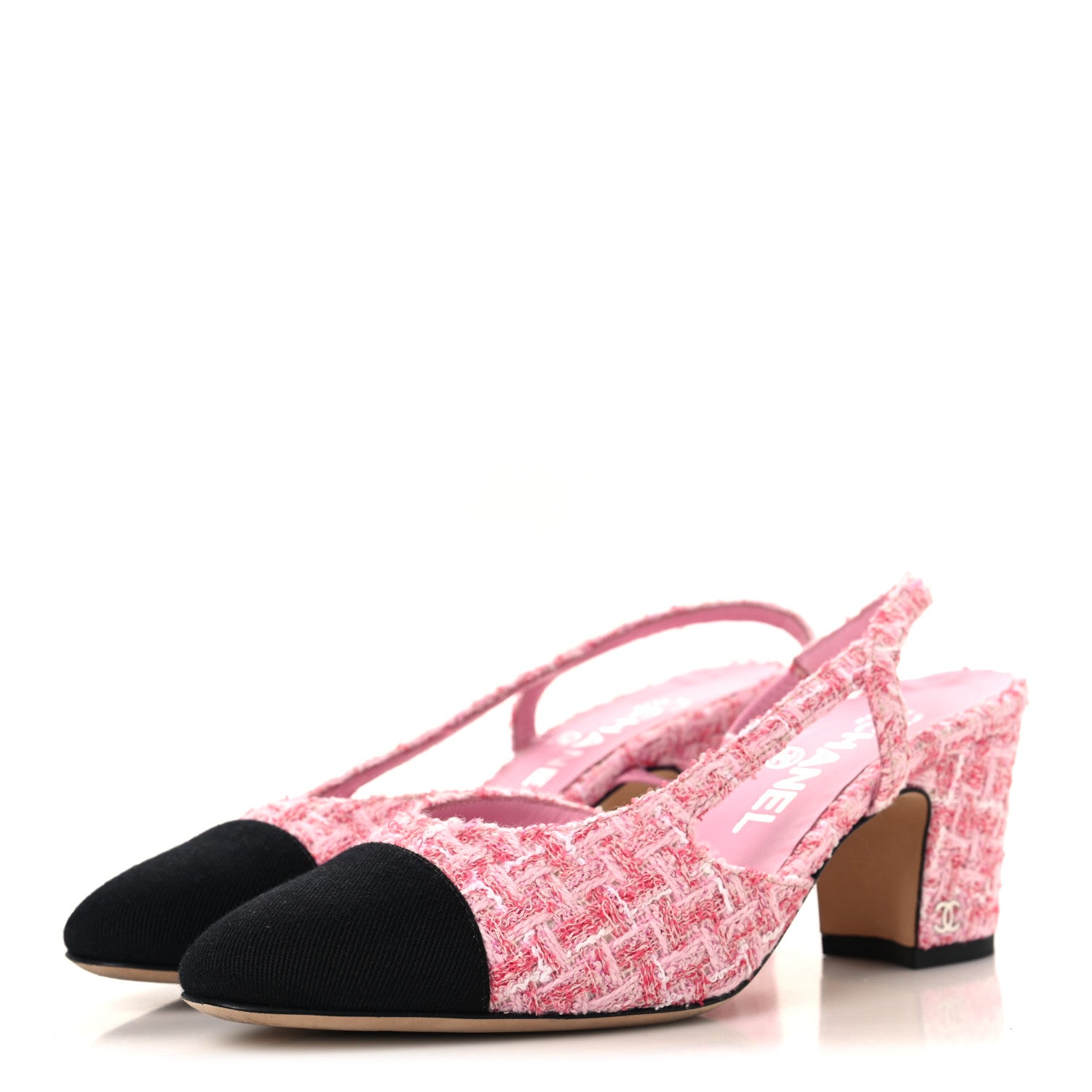 Chanel Tweed Grosgrain Cap Toe CC Slingback Pumps 36 Pink Black 4 of 9