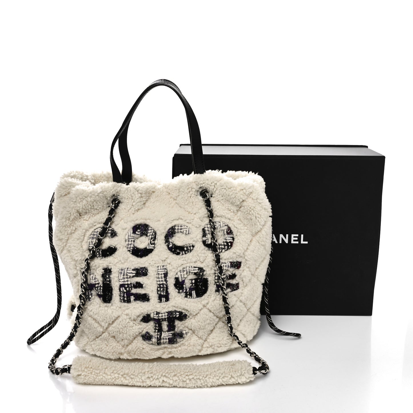 Shearling Sheepskin Tweed Large Coco Neige Tote White Black