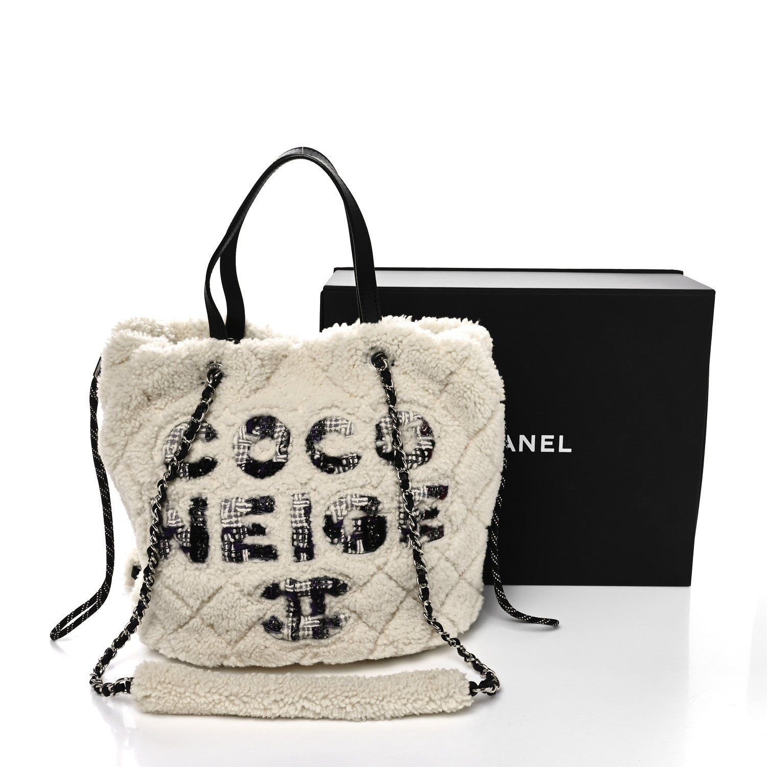 Chanel Shearling Sheepskin Tweed Large Coco Neige Tote White Black 11 of 11