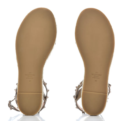 Valentino Garavani Metallic Calfskin Rockstud Ankle Strap Espadrille Flat Sandals 40 Skin 5 of 17