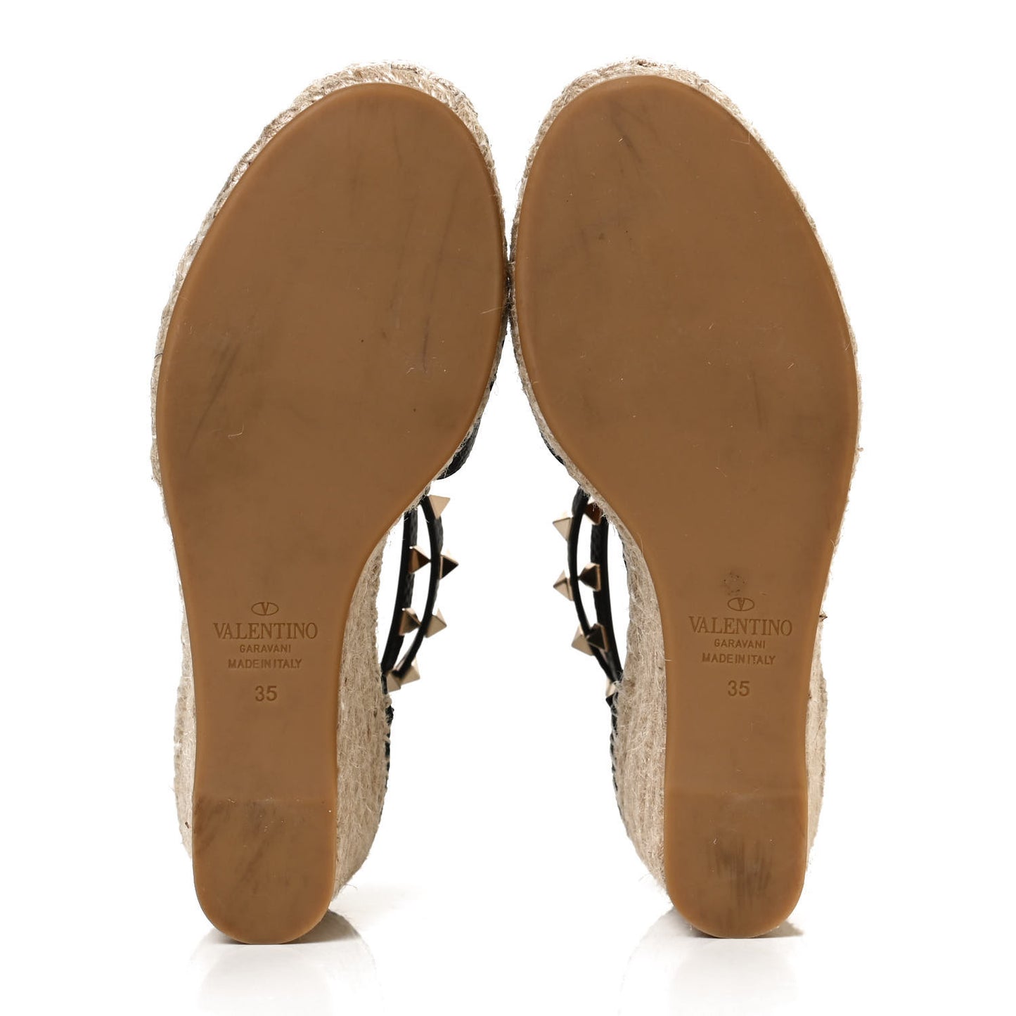 Grained Calfskin Rockstud Ankle Wrap Espadrille 15/85mm Wedges 35 Black Light Cuir