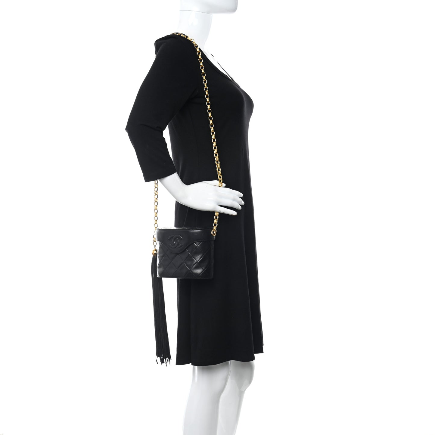 Lambskin Quilted Small Tassel Shoulder Bag Black