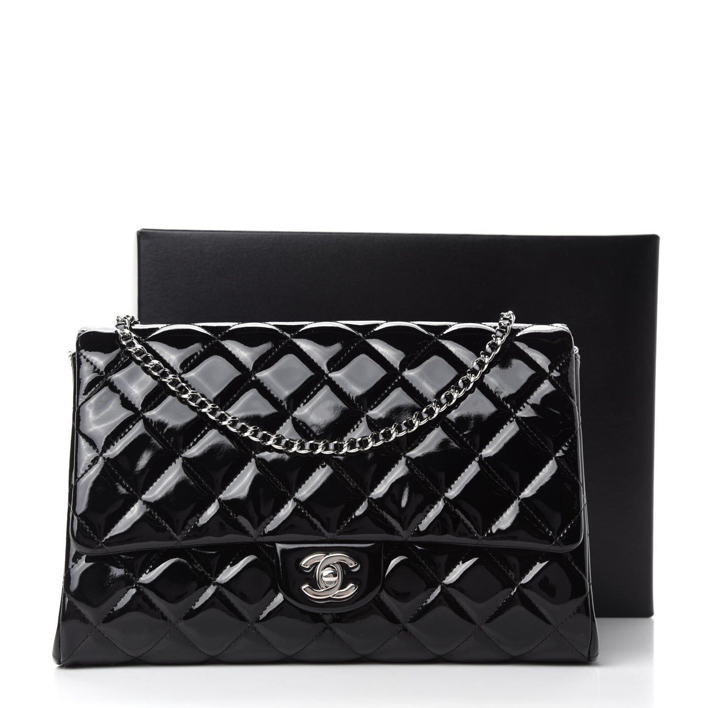 Patent Quilted Clutch with Chain Flap Black