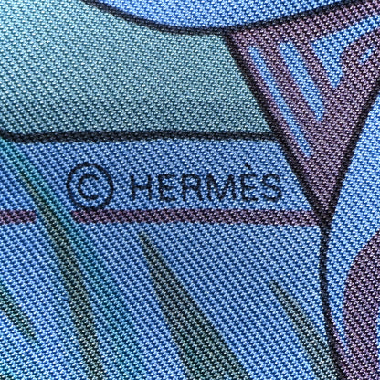 Hermes Silk Twill Imprime Aloha Double Scarf Stole Bleu Vert Amande 3 of 4