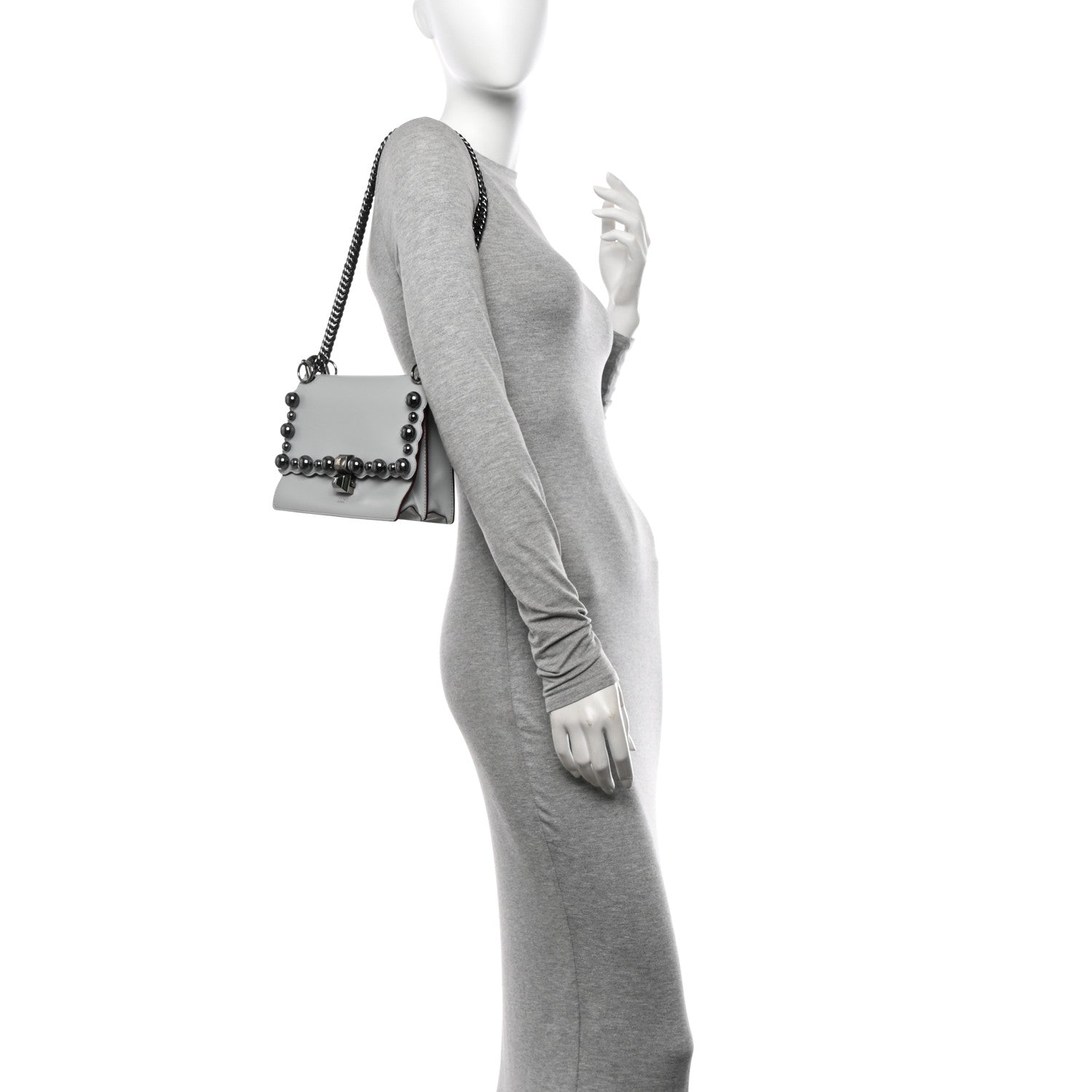 Fendi Vitello Liberty Scalloped Studded Small Kan I Shoulder Bag Grigio Perla 2 of 11