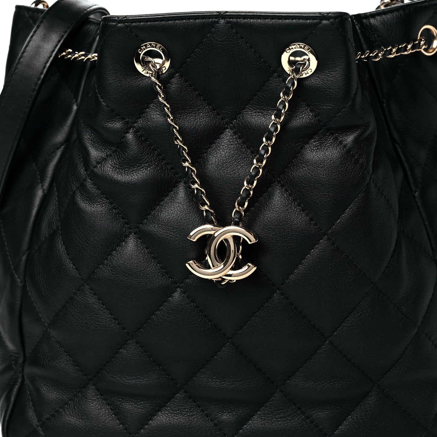 Goatskin Quilted Chain Drawstring Bag Black