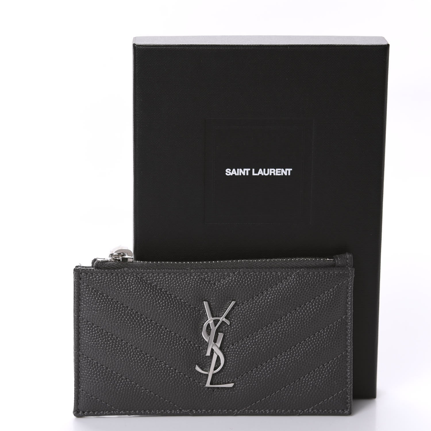 Saint Laurent Grain De Poudre Matelasse Chevron Monogram Fragments Zippered Card Case Coal 8 of 8