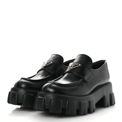 Prada Spazzolato Rois Metal Triangle Logo Monolith 55mm Loafers 39 Black 4 of 11