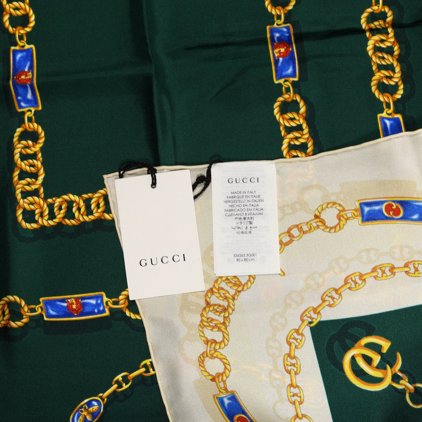 Silk Twill Chain Print Square Scarf Ivory Dark Green