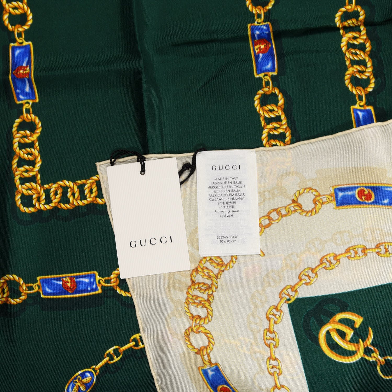 Gucci Silk Twill Chain Print Square Scarf Ivory Dark Green 4 of 6