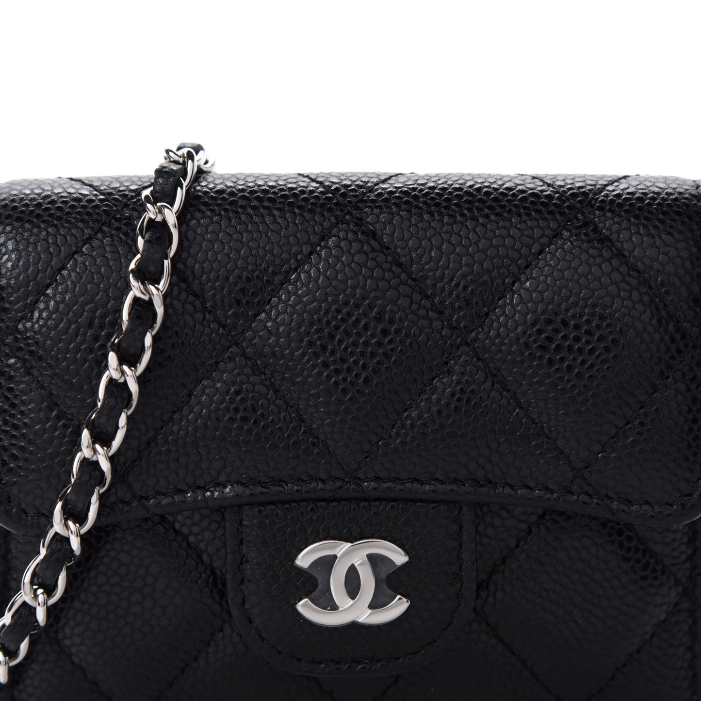 Caviar Quilted Flap Card Holder On Chain Black