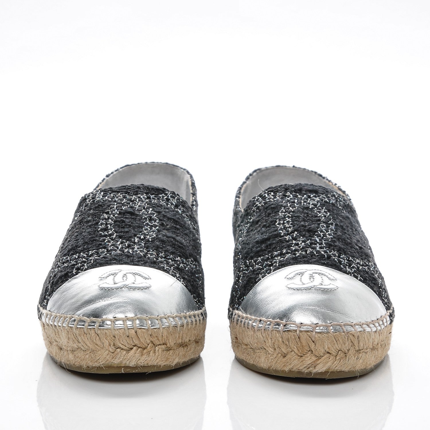 Chanel Tweed Lambskin CC Espadrilles 40 Black Silver 2 of 8