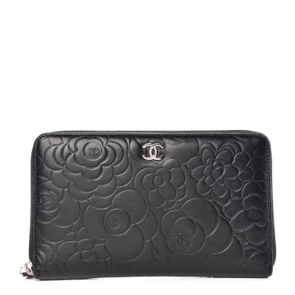 Chanel Lambskin Camellia Embossed Zip Around Organizer Wallet Black 1 of 10