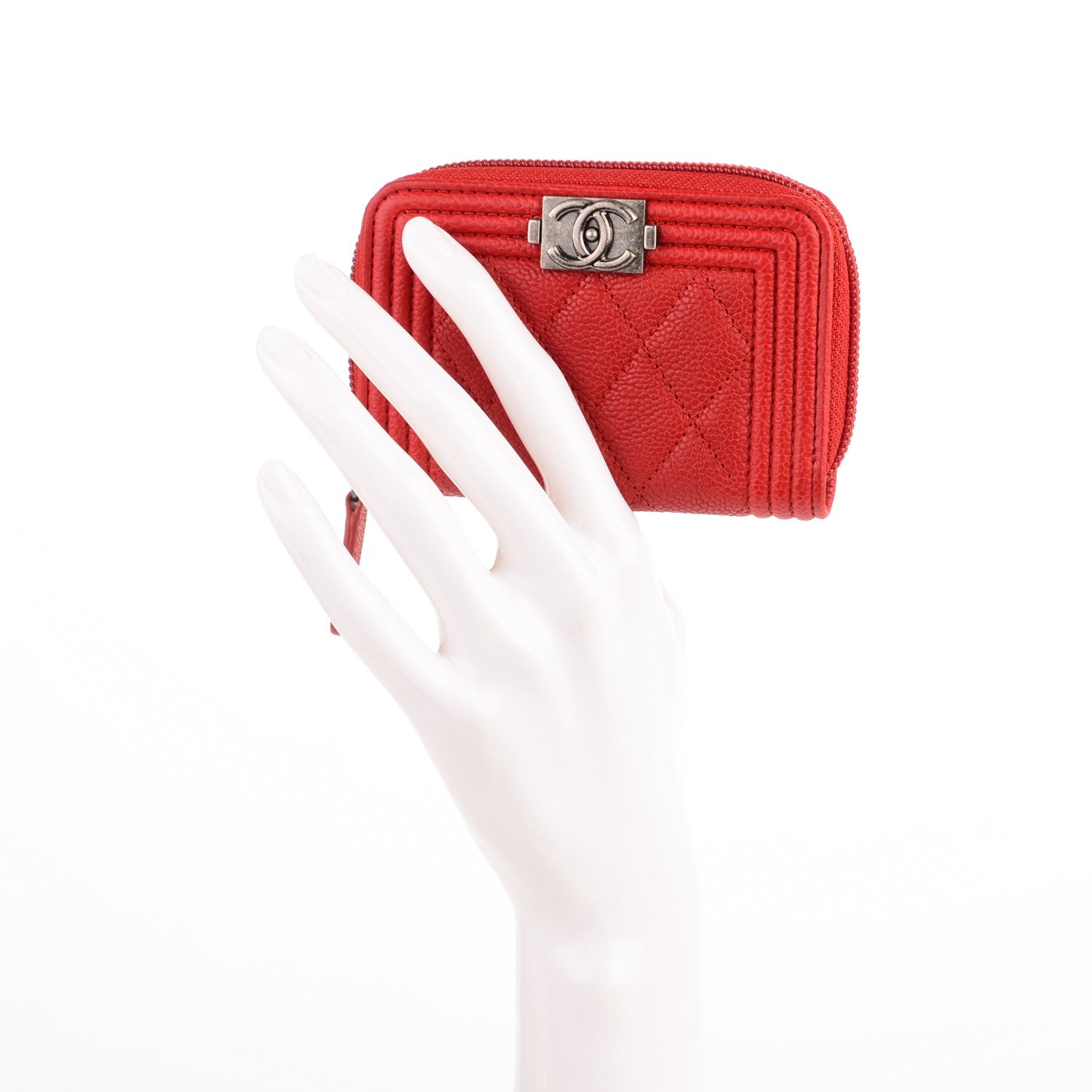 Chanel Caviar Quilted Boy Zip Around Coin Purse Wallet Red 2 of 7
