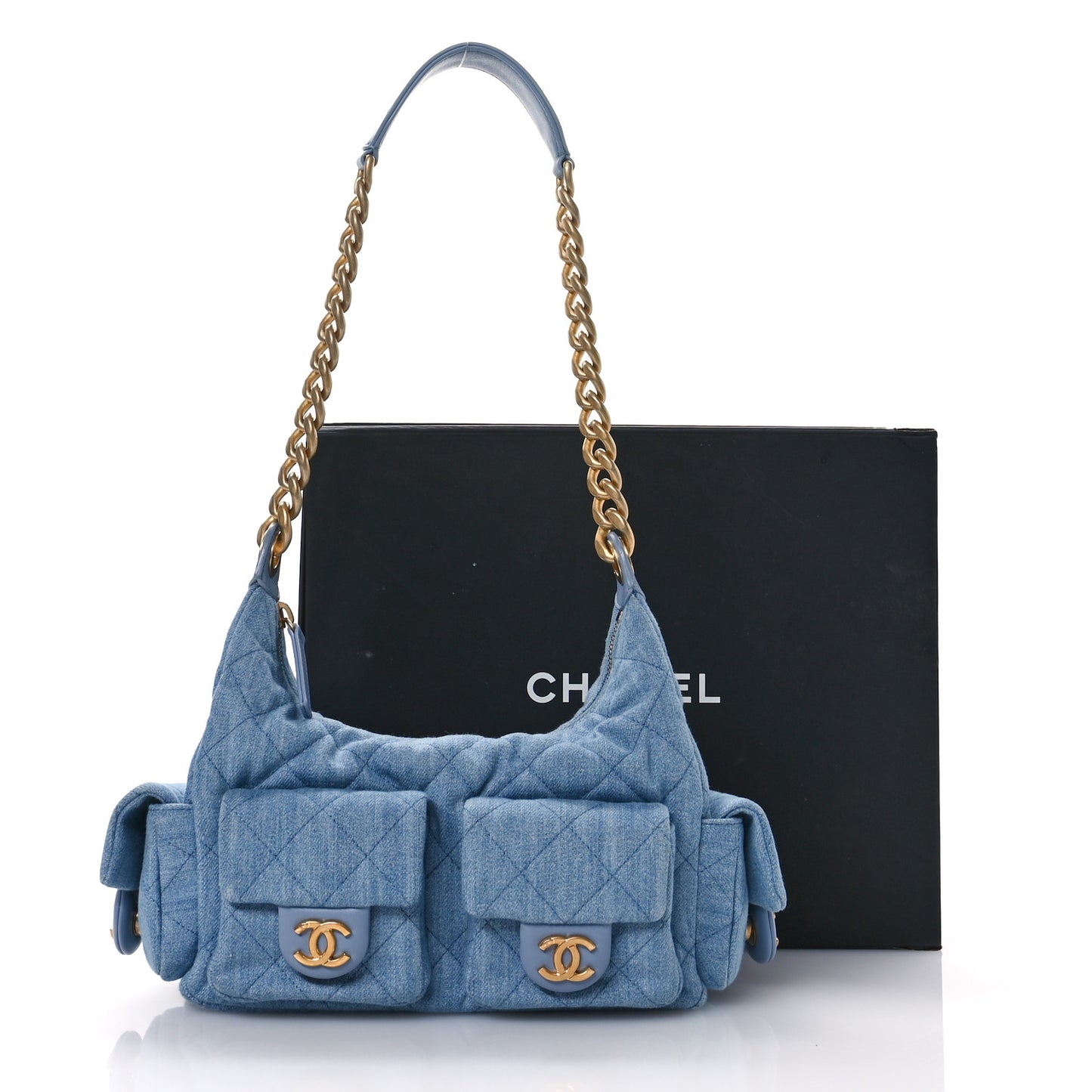 Washed Denim Quilted Cargo Large Hobo Light Blue