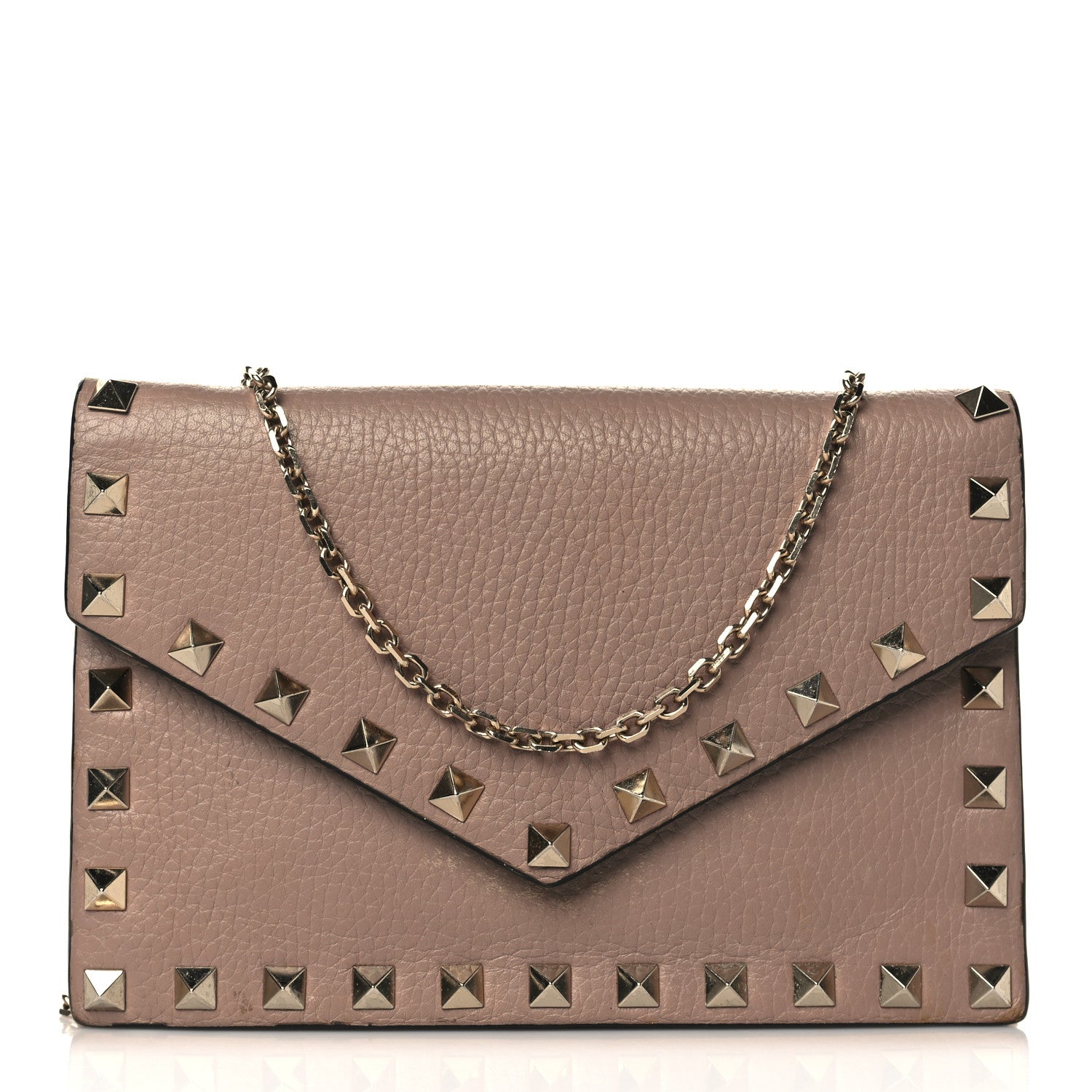 Valentino Garavani Pebbled Calfskin Rockstud Envelope Wallet on Chain Poudre 1 of 10