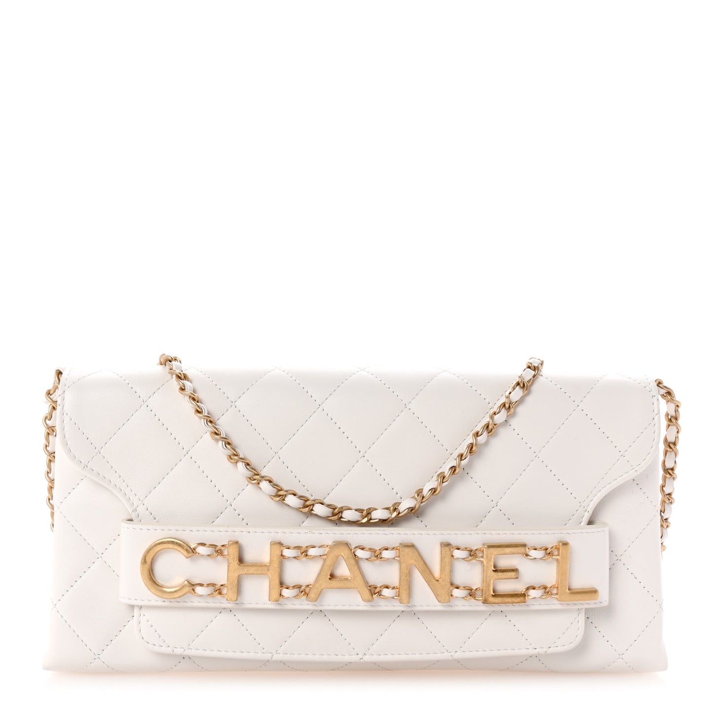 Calfskin Quilted Enchained Clutch White