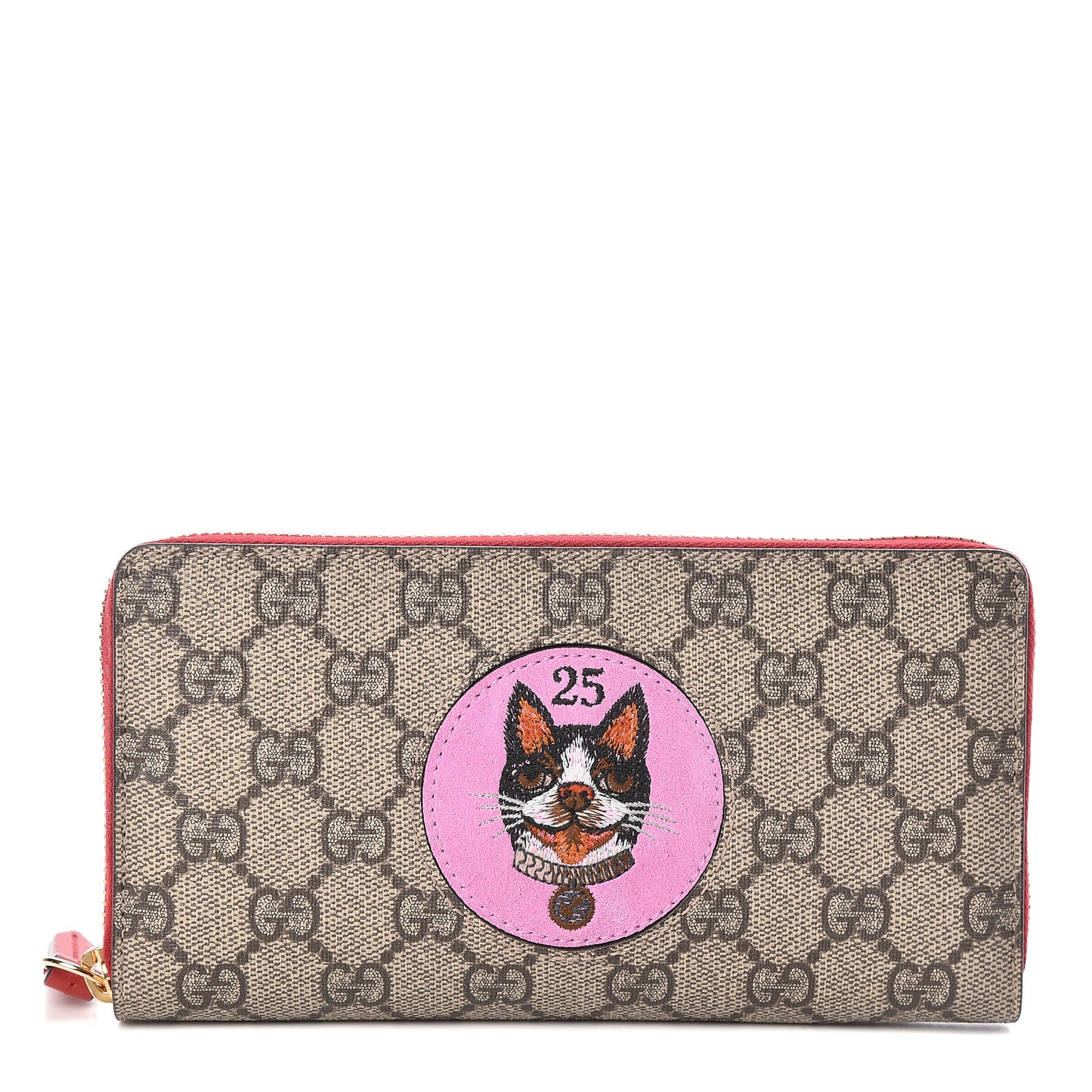 GG Supreme Monogram Bosco Patch Zip Around Wallet Beige Malva Hibiscus Red
