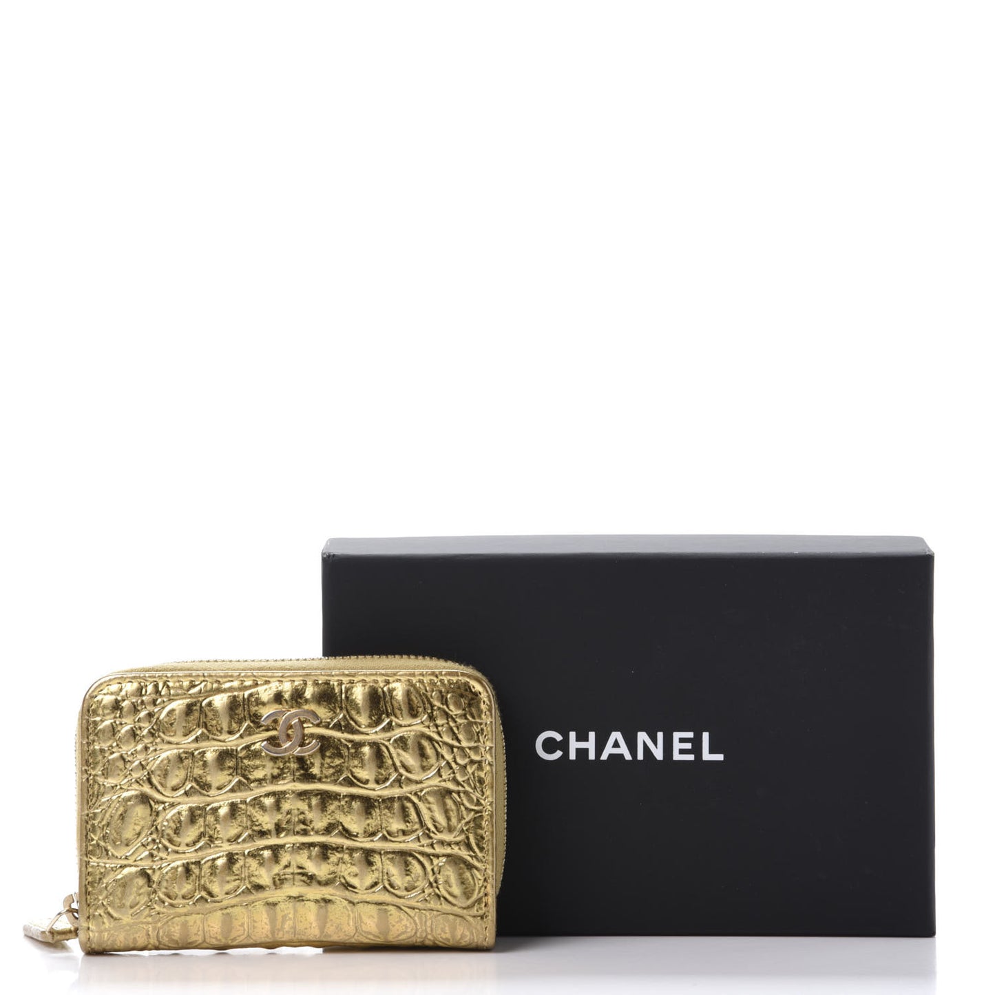 Metallic Calfskin Crocodile Embossed Cocodile Zip Coin Case Gold