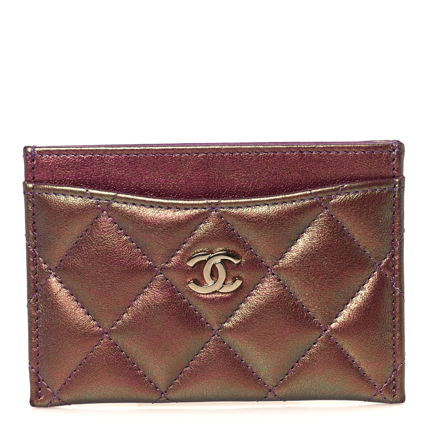 Iridescent Lambskin Quilted Card Holder Purple
