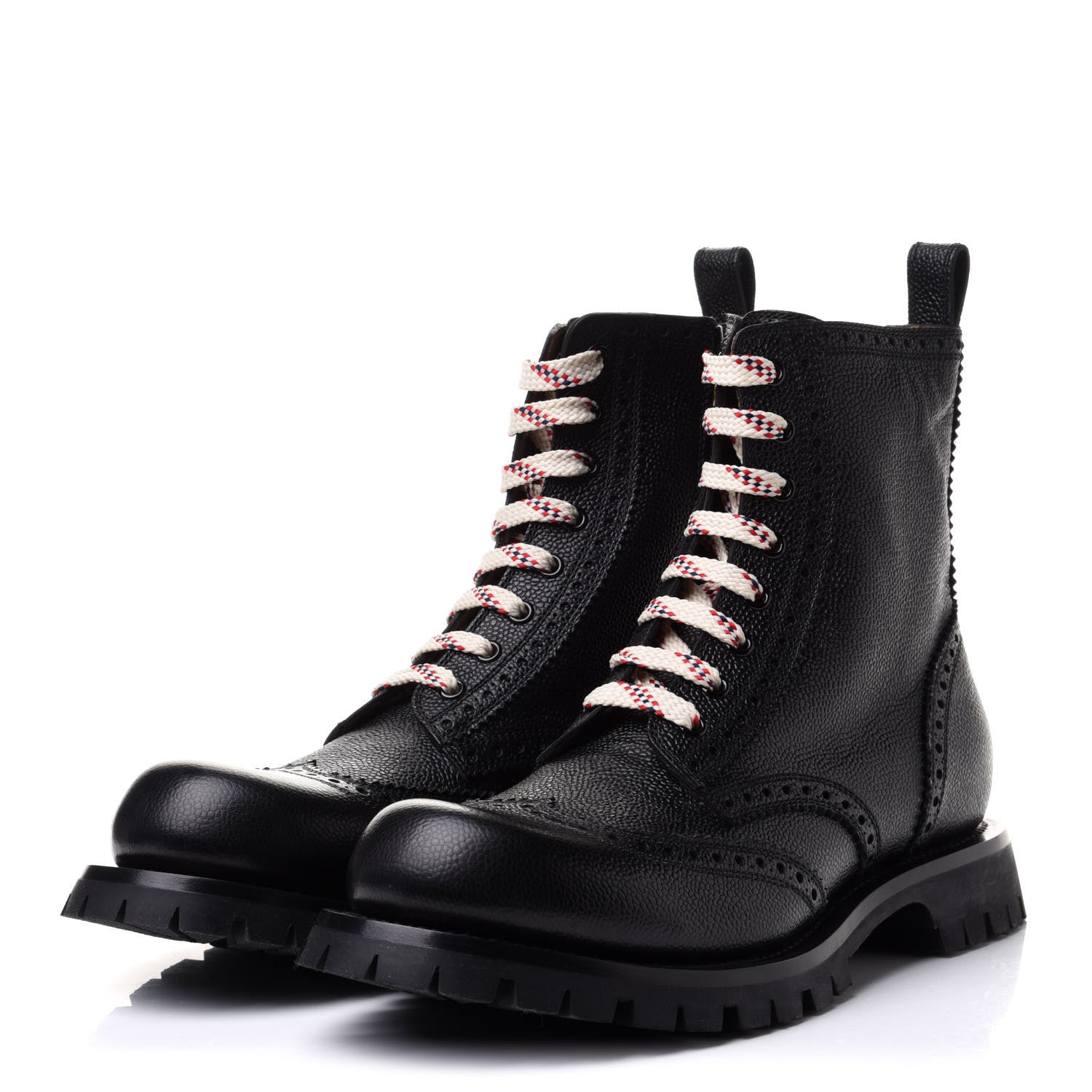 Gucci Grained Calfskin Mens Brogue Wingtip Lug Sole Boots 9.5 Black 3 of 9