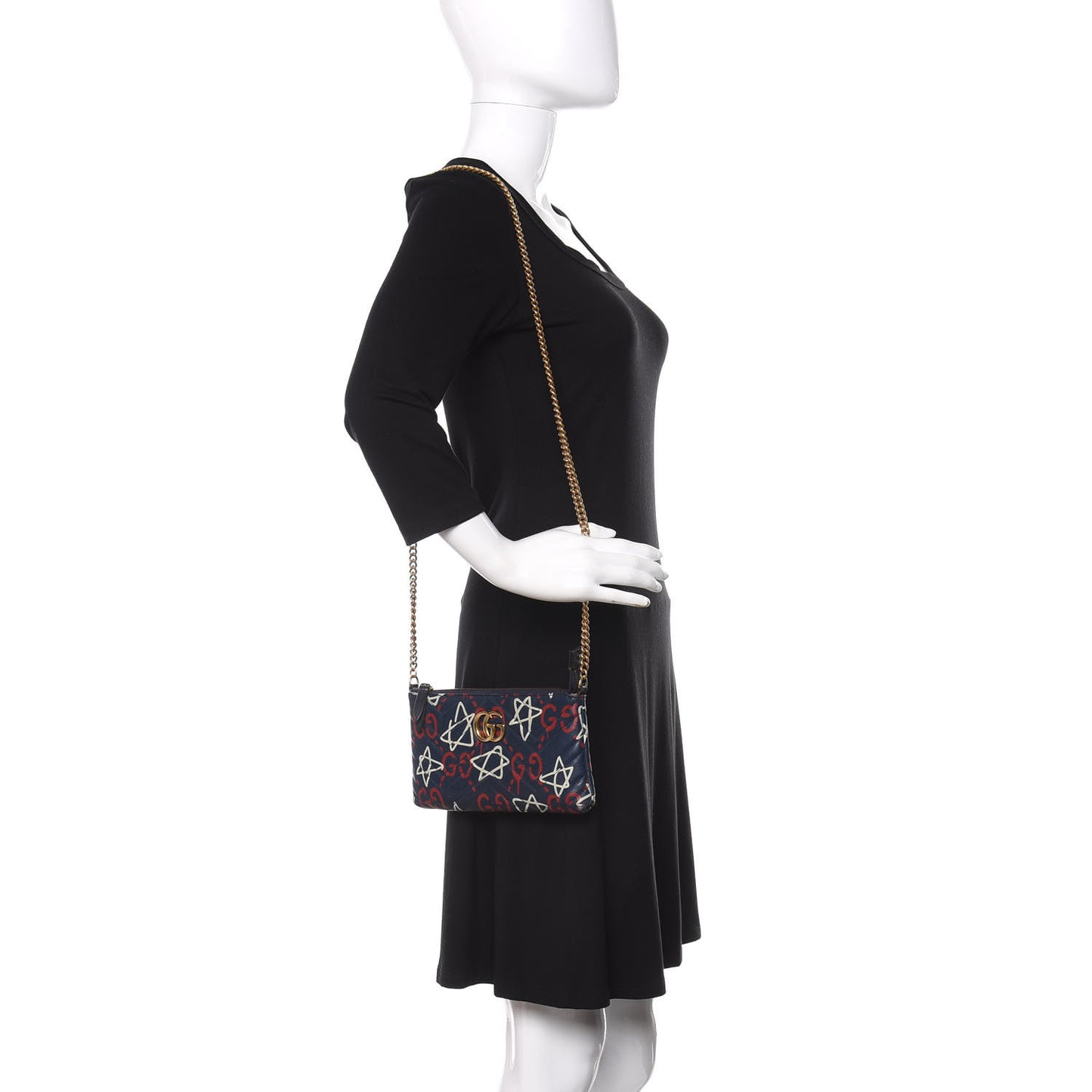 Calfskin Matelasse GucciGhost Mini GG Marmont Chain Bag Blue Agata Hibiscus Red