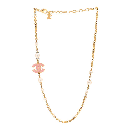 Chanel Pearl Bead Enamel CC Short Necklace Pink Gold 3 of 6