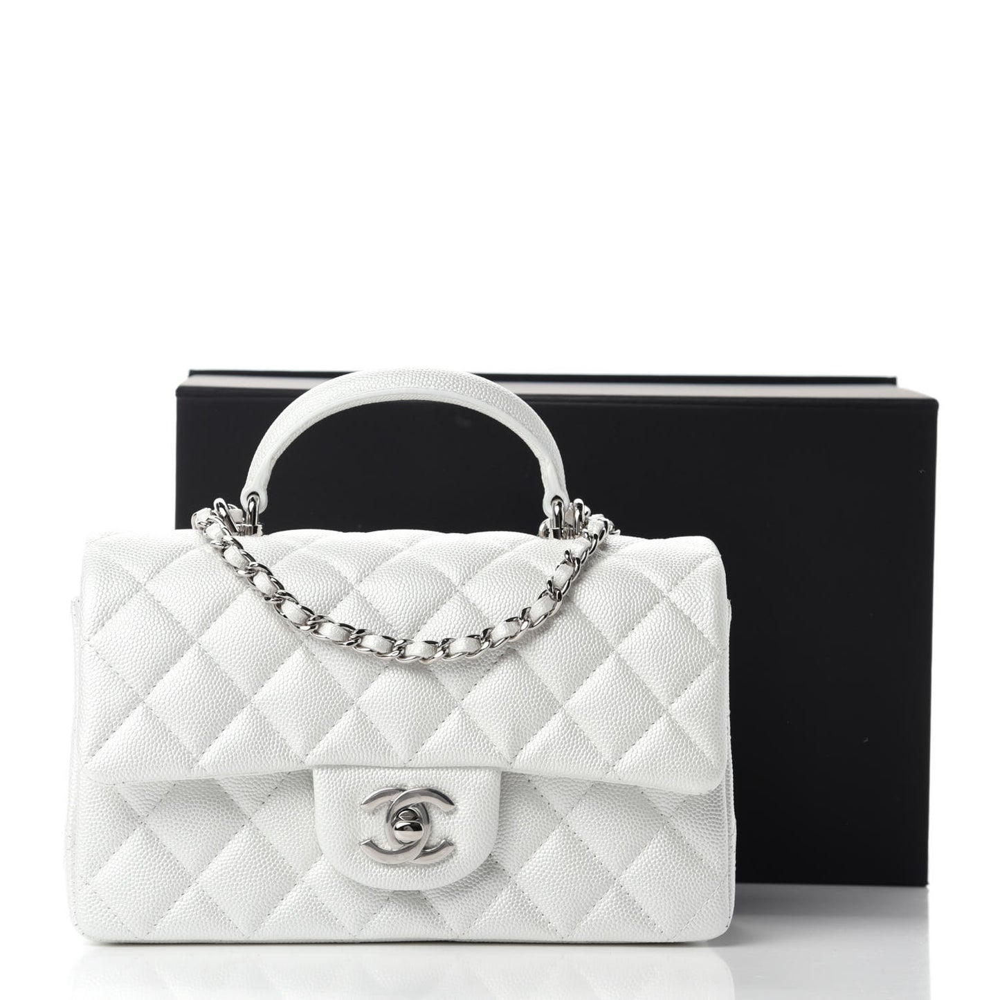 Iridescent Caviar Quilted Mini Top Handle Rectangular Flap White